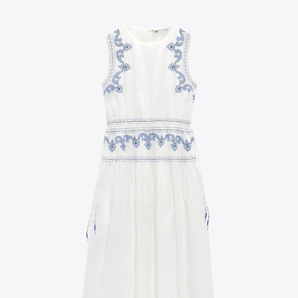 Zara White Dress with Blue Embroidery